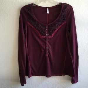 Free People Long Sleeve Ribbed Burgundy Top